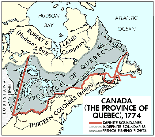 1774 map of Quebec and the 13 colonies